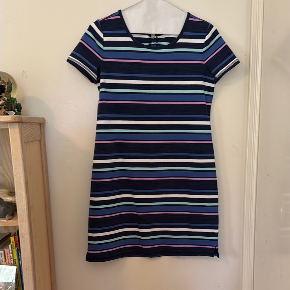 T by Talbots Striped Blue Mini T-Shirt Dress with Crew Neck and short sleeves